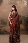 Ushraa - Red Maroon Ajrakh Handblock Printed Saree with Hand-Embroidered Pallu