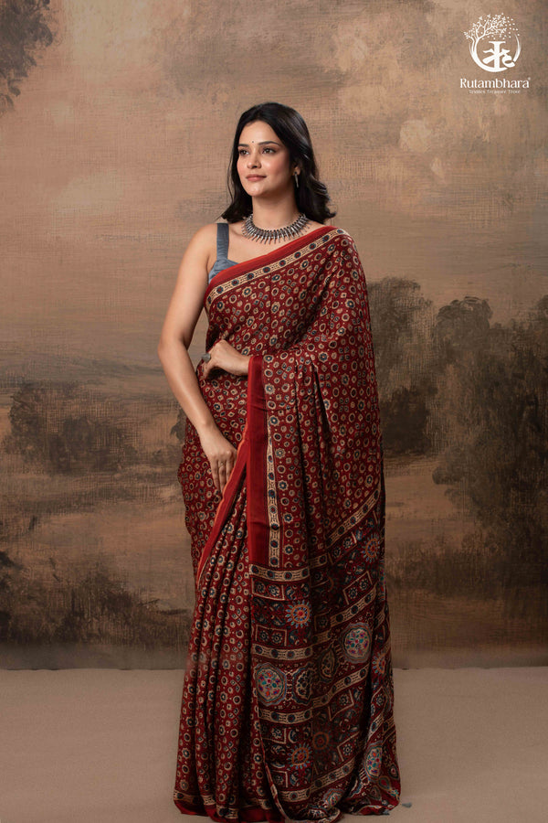 Ushraa - Red Maroon Ajrakh Handblock Printed Saree with Hand-Embroidered Pallu-RUTAMBHARA-RUTAMBHARA