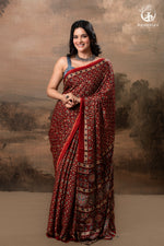 Ushraa - Red Maroon Ajrakh Handblock Printed Saree with Hand-Embroidered Pallu-RUTAMBHARA-RUTAMBHARA