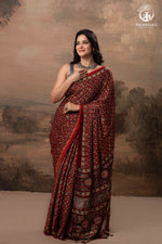 Ushraa - Red Maroon Ajrakh Handblock Printed Saree with Hand-Embroidered Pallu-RUTAMBHARA-RUTAMBHARA