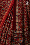 Ushraa - Red Maroon Ajrakh Handblock Printed Saree with Hand-Embroidered Pallu