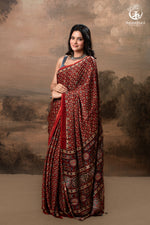 Ushraa - Red Maroon Ajrakh Handblock Printed Saree with Hand-Embroidered Pallu-RUTAMBHARA-RUTAMBHARA