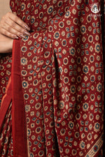 Ushraa - Red Maroon Ajrakh Handblock Printed Saree with Hand-Embroidered Pallu-RUTAMBHARA-RUTAMBHARA