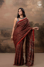 Ushraa - Red Maroon Ajrakh Handblock Printed Saree with Hand-Embroidered Pallu-RUTAMBHARA-RUTAMBHARA