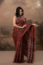Ushraa - Red Maroon Ajrakh Handblock Printed Saree with Hand-Embroidered Pallu-RUTAMBHARA-RUTAMBHARA