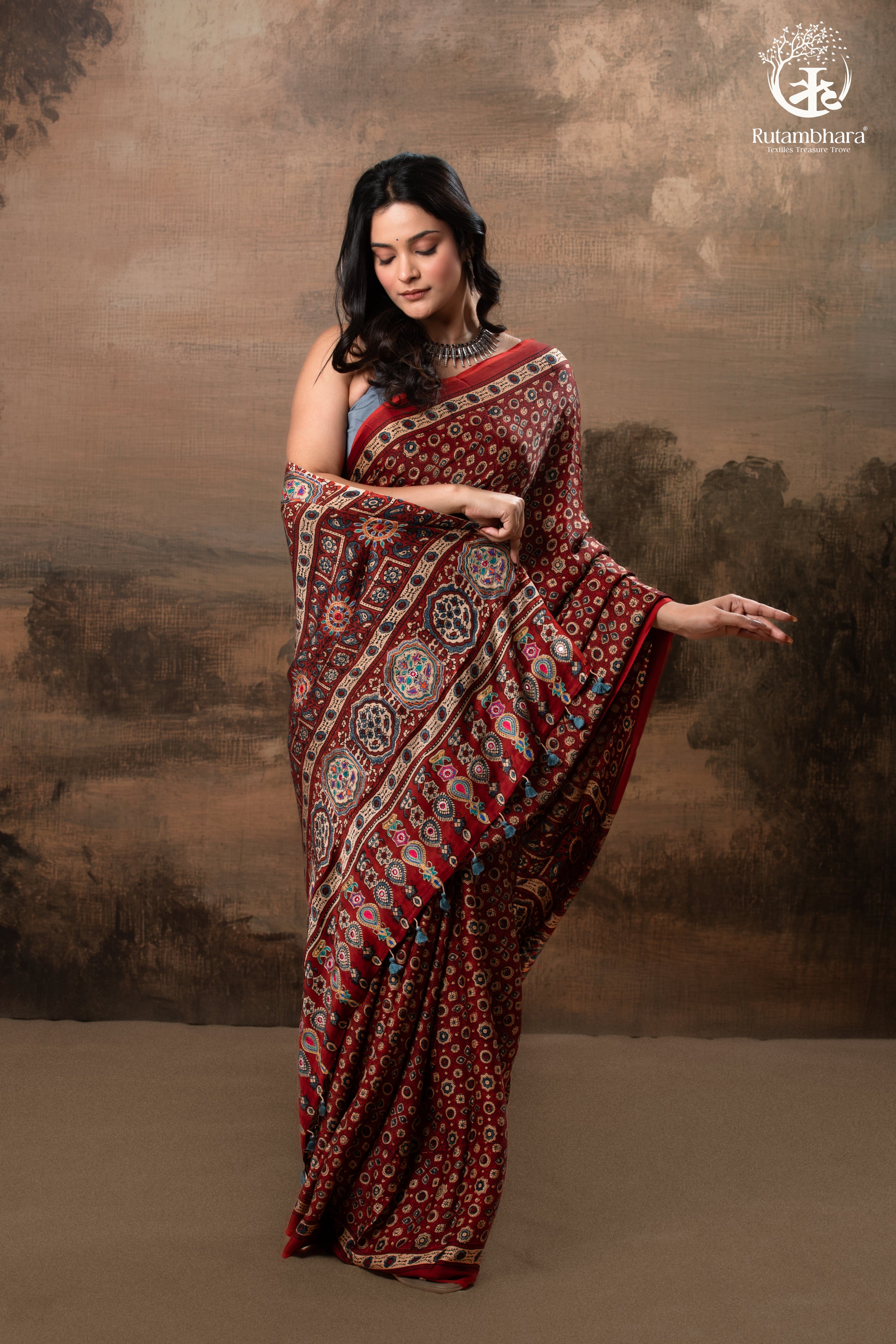 Ushraa - Red Maroon Ajrakh Handblock Printed Saree with Hand-Embroidered Pallu