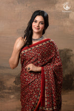 Ushraa - Red Maroon Ajrakh Handblock Printed Saree with Hand-Embroidered Pallu-RUTAMBHARA-RUTAMBHARA