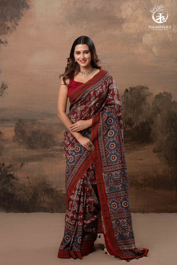 Ushraa - Red & Indigo Symphony – Ajrakh Print With Gold Zari Border-RUTAMBHARA-RUTAMBHARA
