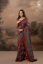 Ushraa - Red & Indigo Symphony – Ajrakh Print With Gold Zari Border-RUTAMBHARA-RUTAMBHARA