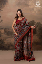Ushraa - Red & Indigo Symphony – Ajrakh Print With Gold Zari Border-RUTAMBHARA-RUTAMBHARA