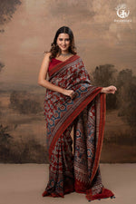 Ushraa - Red & Indigo Symphony – Ajrakh Print With Gold Zari Border-RUTAMBHARA-RUTAMBHARA