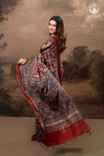 Ushraa - Red & Indigo Symphony – Ajrakh Print With Gold Zari Border-RUTAMBHARA-RUTAMBHARA