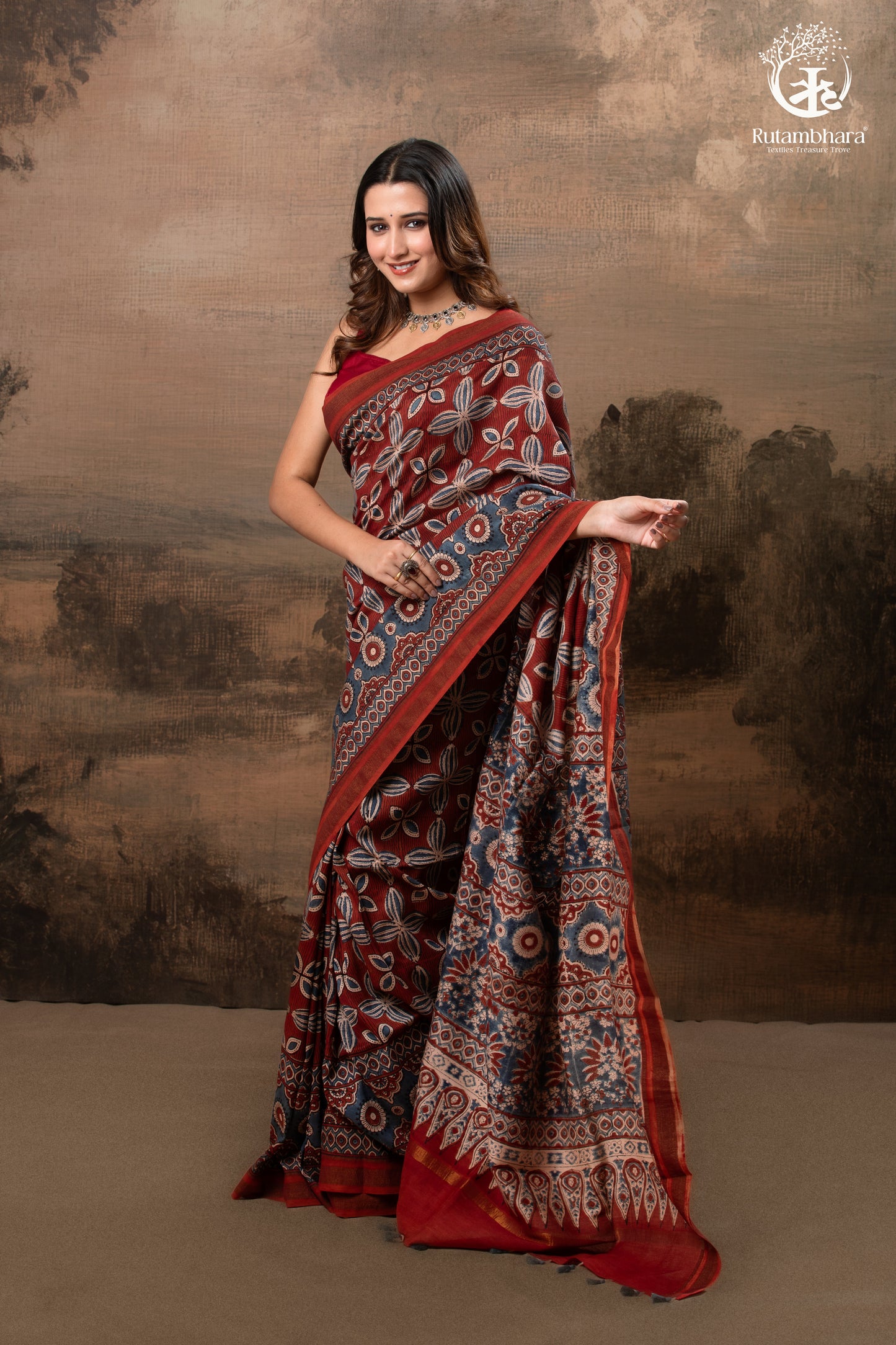 Ushraa - Red & Indigo Symphony – Ajrakh Print With Gold Zari Border
