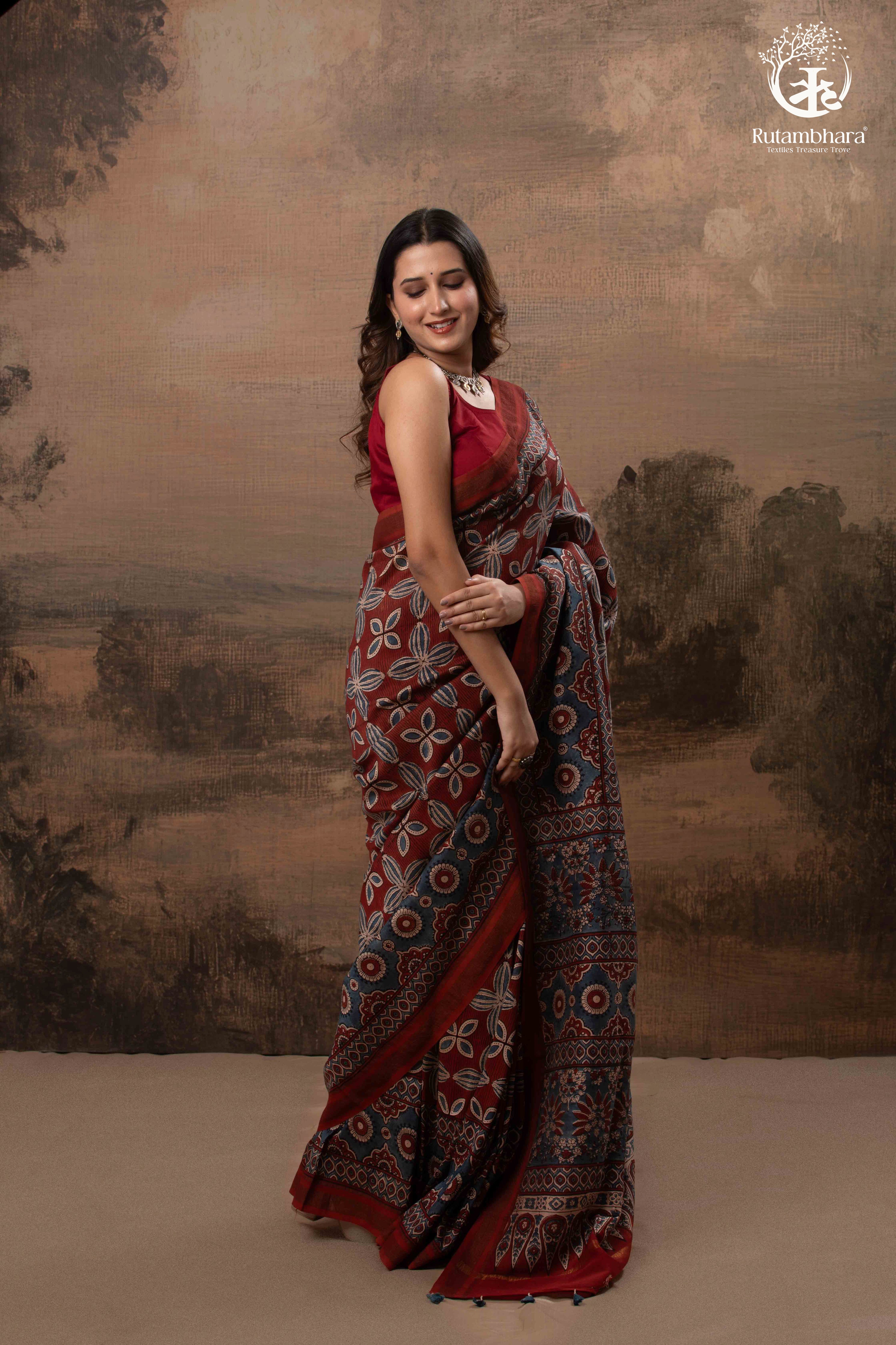 Ushraa - Red & Indigo Symphony – Ajrakh Print With Gold Zari Border