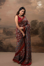 Ushraa - Red & Indigo Symphony – Ajrakh Print With Gold Zari Border-RUTAMBHARA-RUTAMBHARA