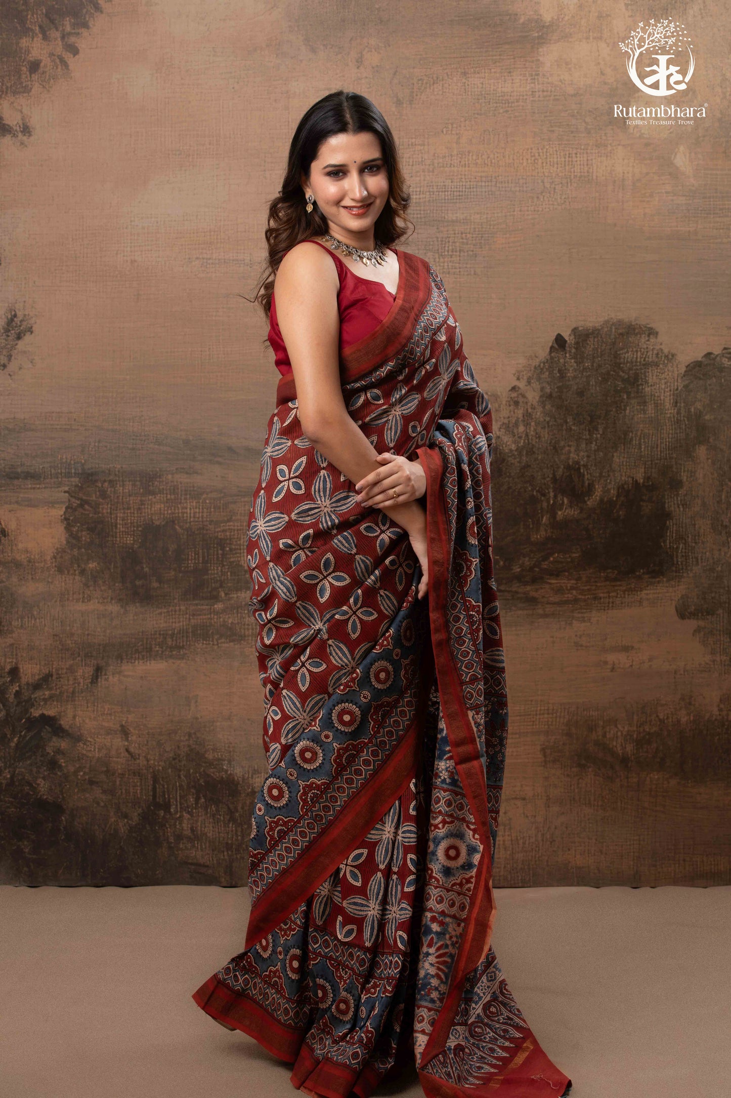 Ushraa - Red & Indigo Symphony – Ajrakh Print With Gold Zari Border