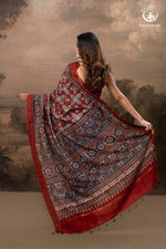 Ushraa - Red & Indigo Symphony – Ajrakh Print With Gold Zari Border-RUTAMBHARA-RUTAMBHARA