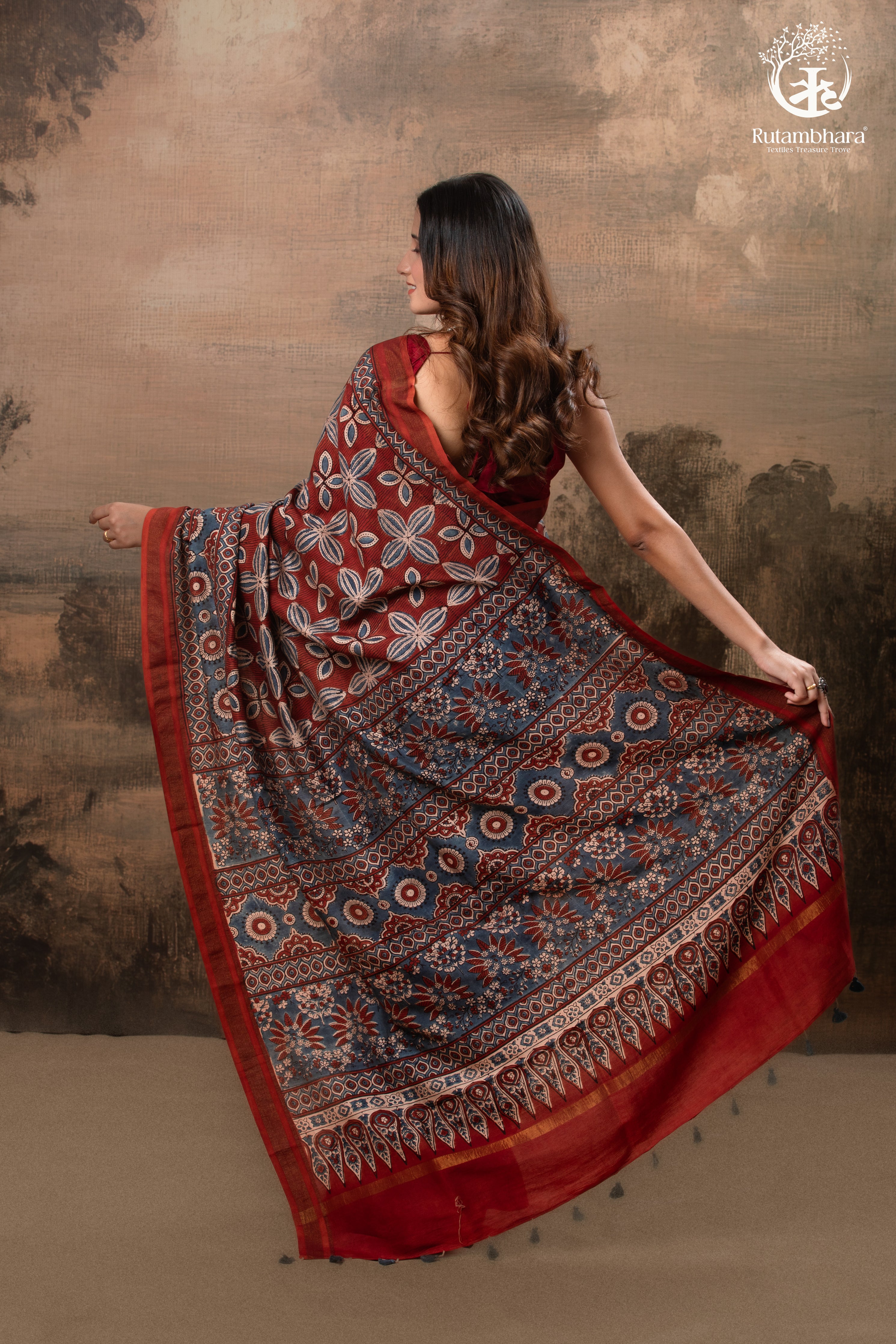 Ushraa - Red & Indigo Symphony – Ajrakh Print With Gold Zari Border
