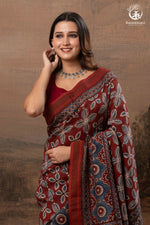 Ushraa - Red & Indigo Symphony – Ajrakh Print With Gold Zari Border-RUTAMBHARA-RUTAMBHARA