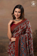 Ushraa - Red & Indigo Symphony – Ajrakh Print With Gold Zari Border-RUTAMBHARA-RUTAMBHARA