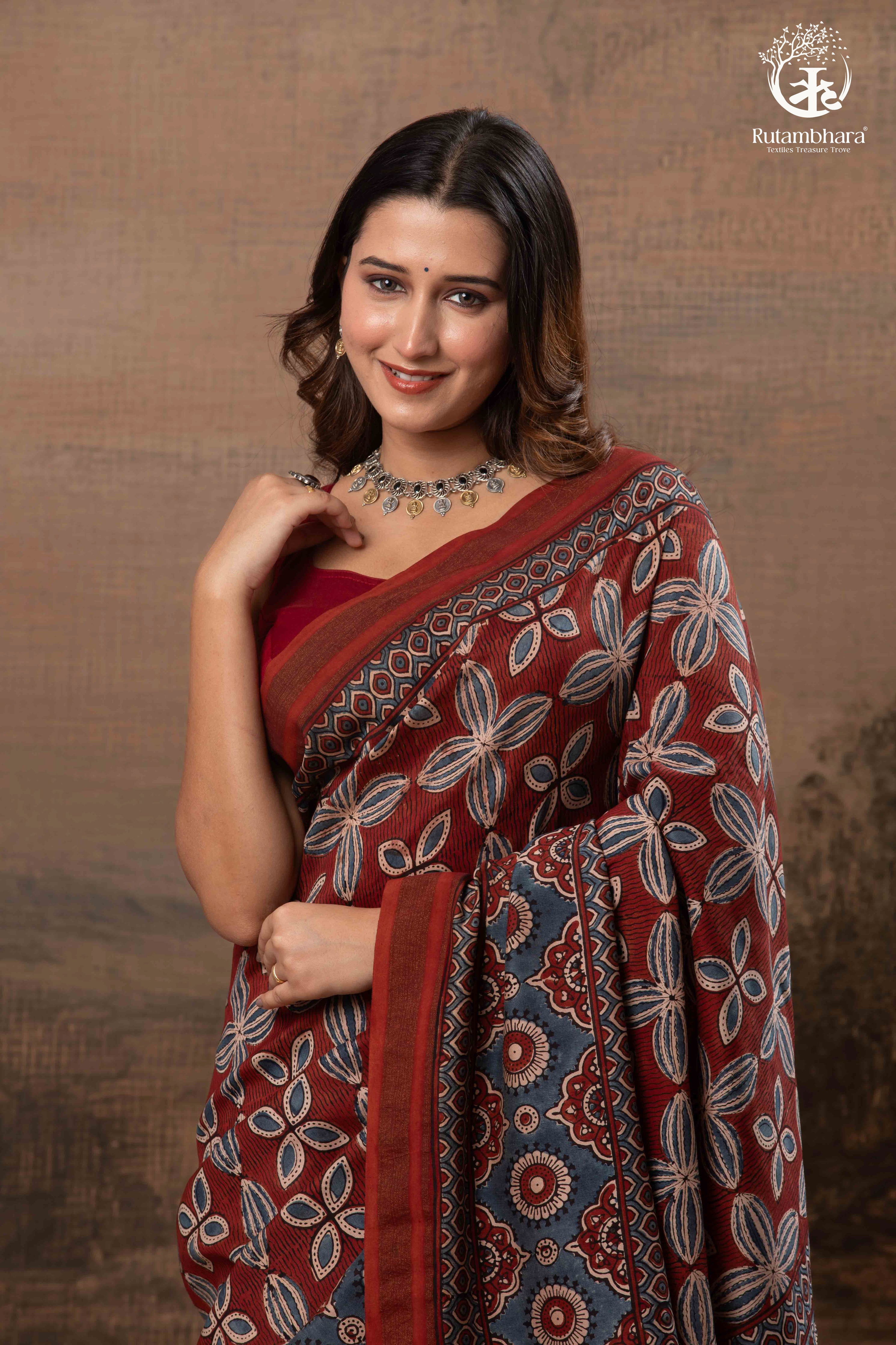 Ushraa - Red & Indigo Symphony – Ajrakh Print With Gold Zari Border