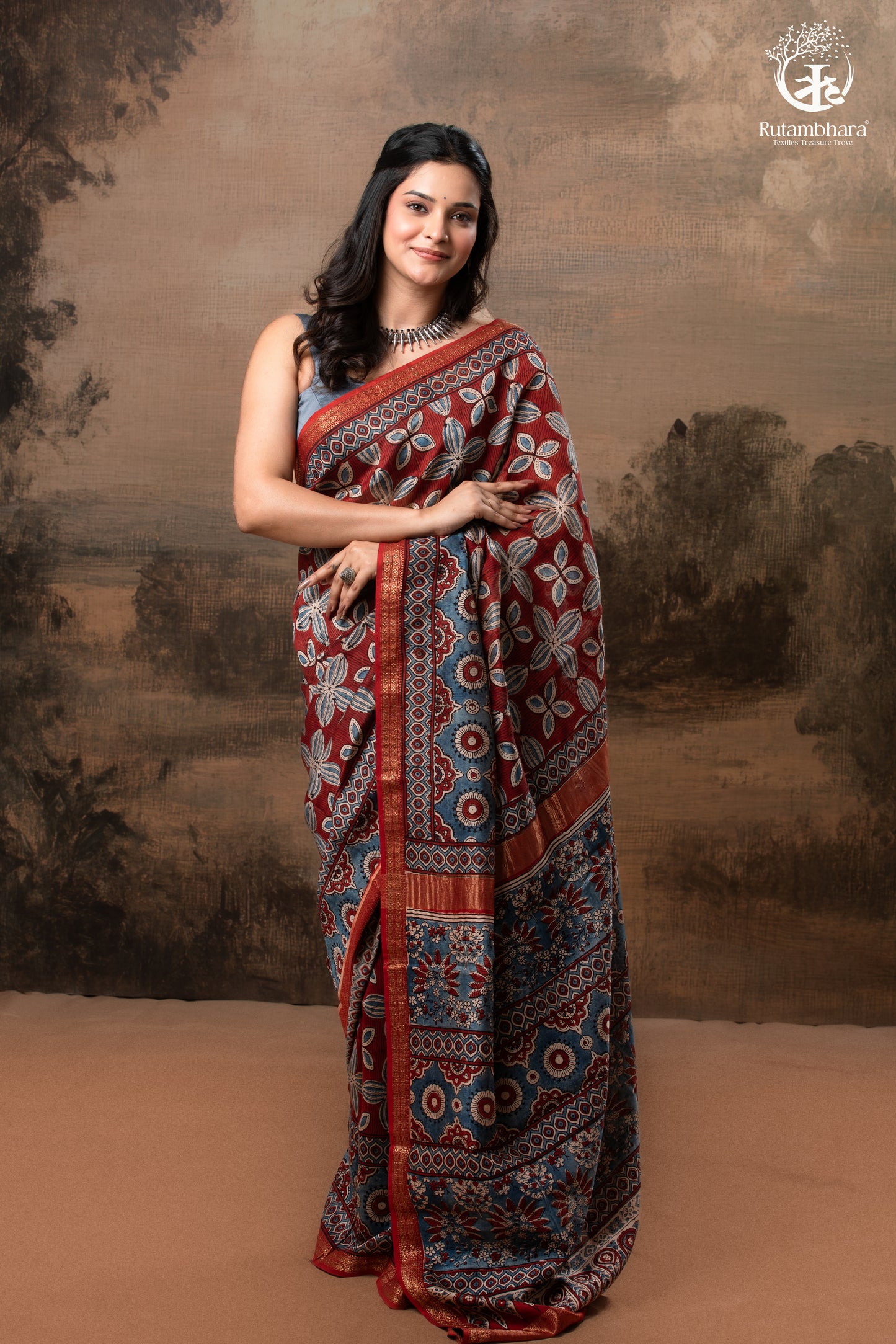 Ushraa - Rust & Indigo Ajrakh in Gajji Silk With Chanderi Small Zari Border