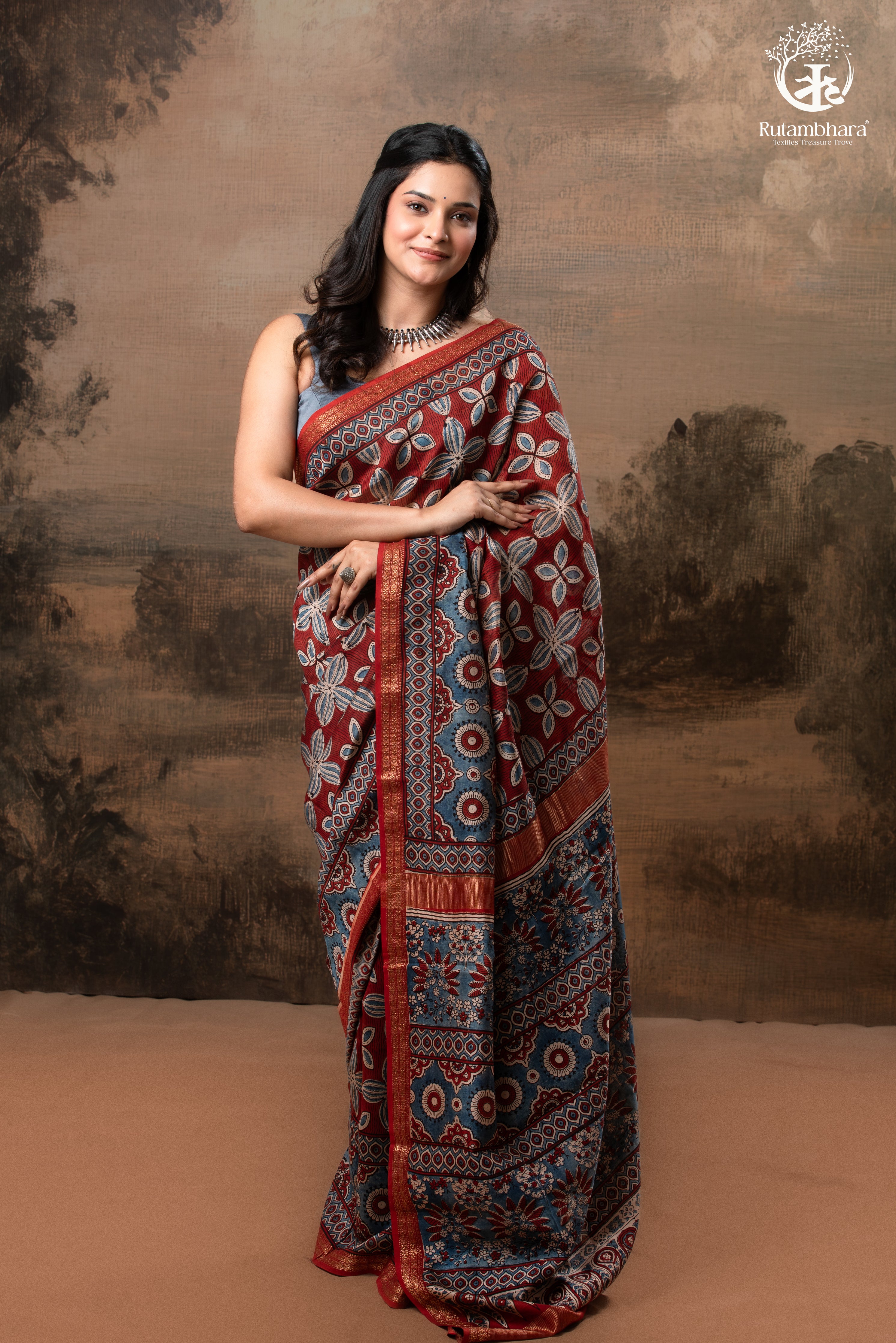 Ushraa - Rust & Indigo Ajrakh in Gajji Silk With Chanderi Small Zari Border