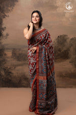 Ushraa - Rust & Indigo Ajrakh in Gajji Silk With Chanderi Small Zari Border-RUTAMBHARA-RUTAMBHARA