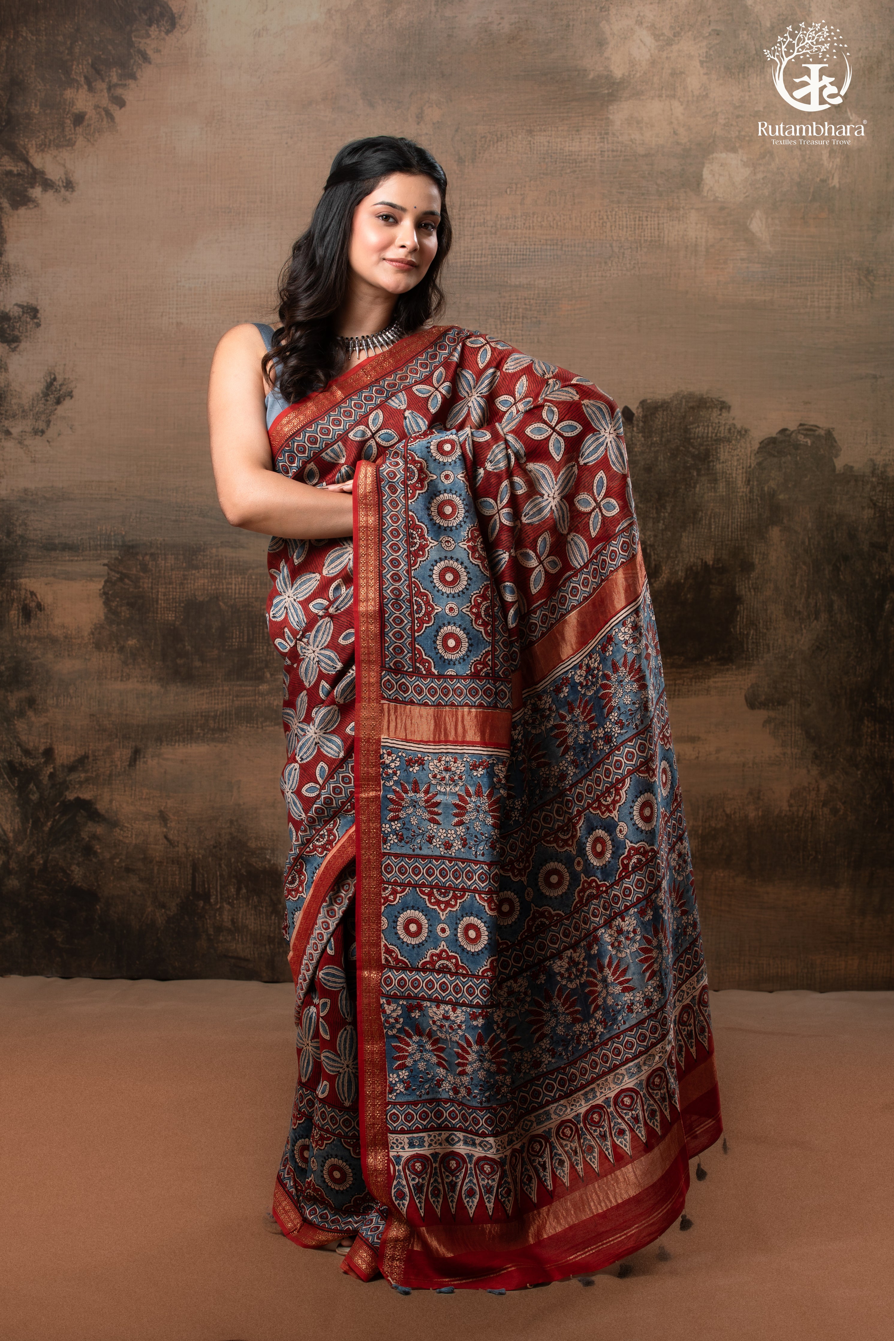 Ushraa - Rust & Indigo Ajrakh in Gajji Silk With Chanderi Small Zari Border