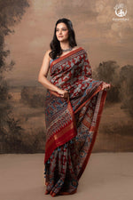 Ushraa - Rust & Indigo Ajrakh in Gajji Silk With Chanderi Small Zari Border-RUTAMBHARA-RUTAMBHARA