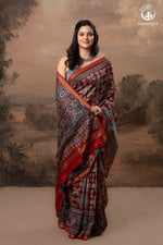 Ushraa - Rust & Indigo Ajrakh in Gajji Silk With Chanderi Small Zari Border-RUTAMBHARA-RUTAMBHARA
