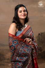 Ushraa - Rust & Indigo Ajrakh in Gajji Silk With Chanderi Small Zari Border-RUTAMBHARA-RUTAMBHARA