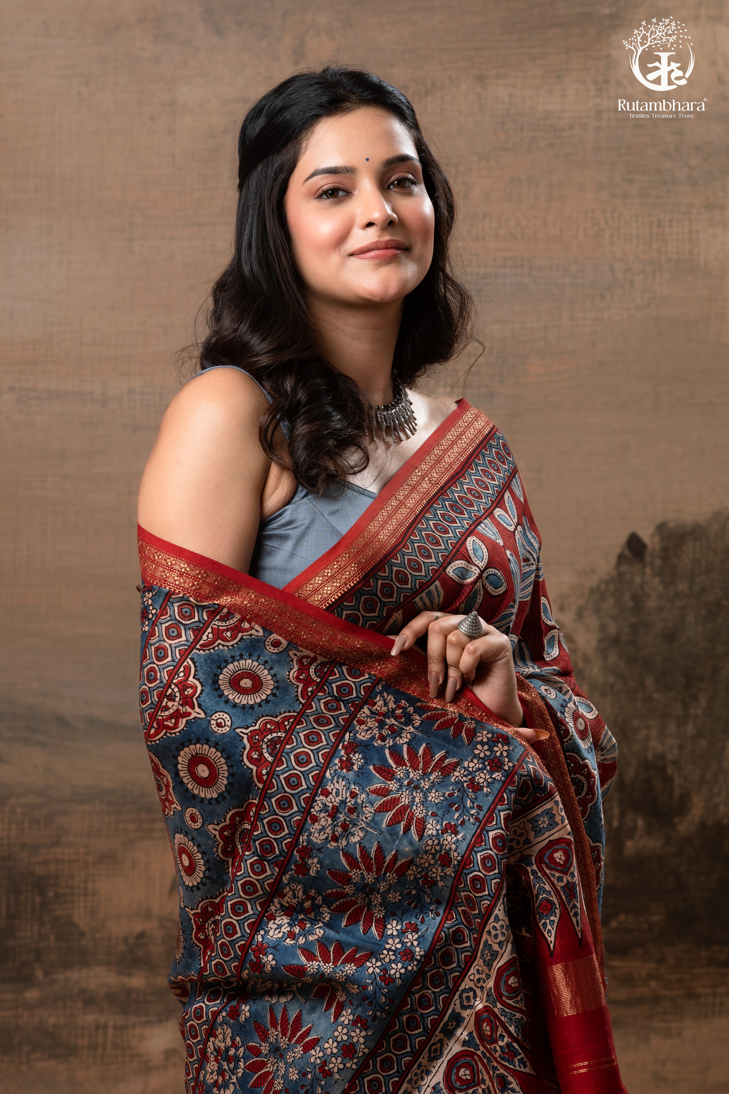 Ushraa - Rust & Indigo Ajrakh in Gajji Silk With Chanderi Small Zari Border