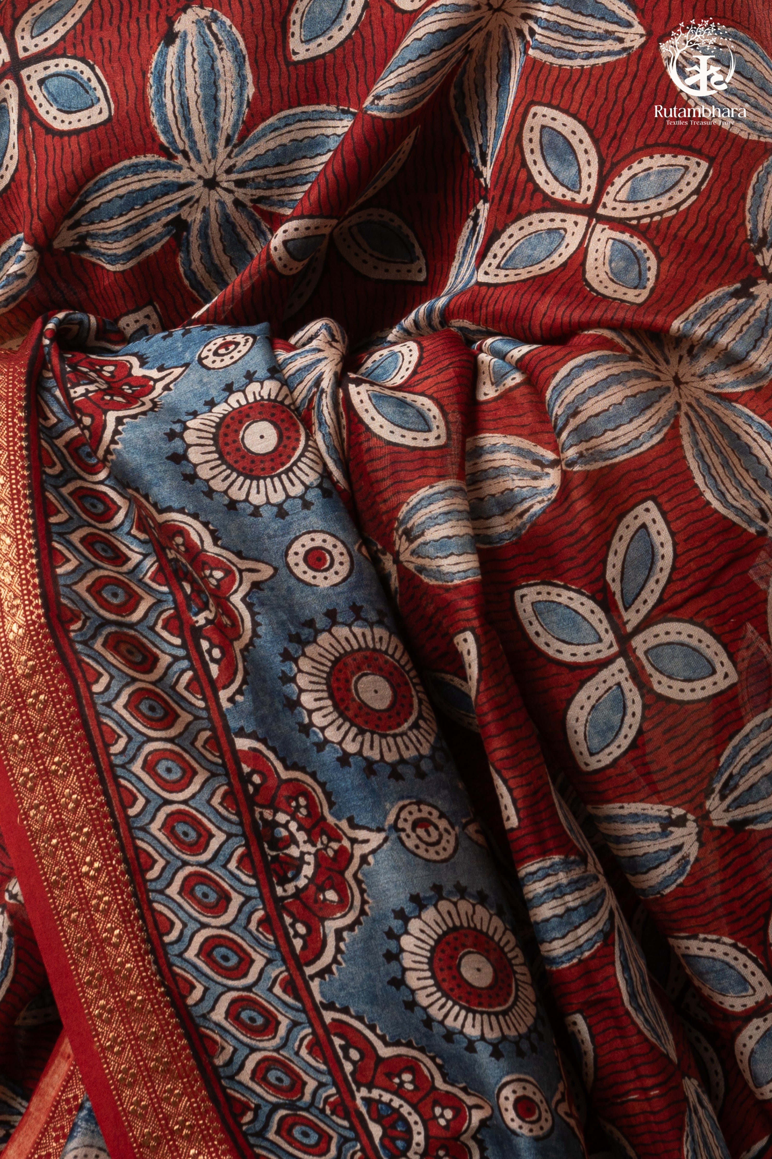 Ushraa - Rust & Indigo Ajrakh in Gajji Silk With Chanderi Small Zari Border