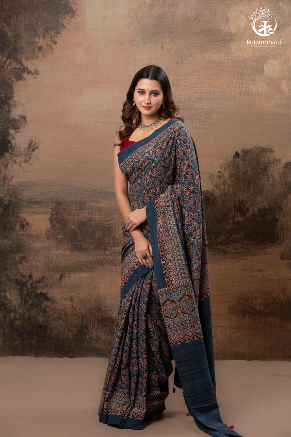 Ushraa - Ajrakh in Indigo Hues on a handwoven Kutchhi weave Kala Cotton Saree-RUTAMBHARA-RUTAMBHARA