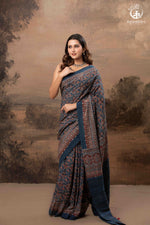 Ushraa - Ajrakh in Indigo Hues on a handwoven Kutchhi weave Kala Cotton Saree-RUTAMBHARA-RUTAMBHARA