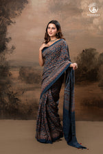 Ushraa - Ajrakh in Indigo Hues on a handwoven Kutchhi weave Kala Cotton Saree-RUTAMBHARA-RUTAMBHARA