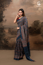 Ushraa - Ajrakh in Indigo Hues on a handwoven Kutchhi weave Kala Cotton Saree-RUTAMBHARA-RUTAMBHARA