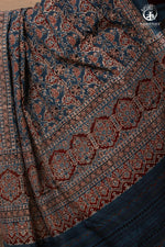Ushraa - Ajrakh in Indigo Hues on a handwoven Kutchhi weave Kala Cotton Saree-RUTAMBHARA-RUTAMBHARA