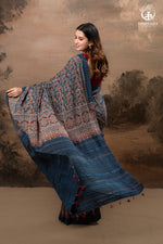 Ushraa - Ajrakh in Indigo Hues on a handwoven Kutchhi weave Kala Cotton Saree-RUTAMBHARA-RUTAMBHARA
