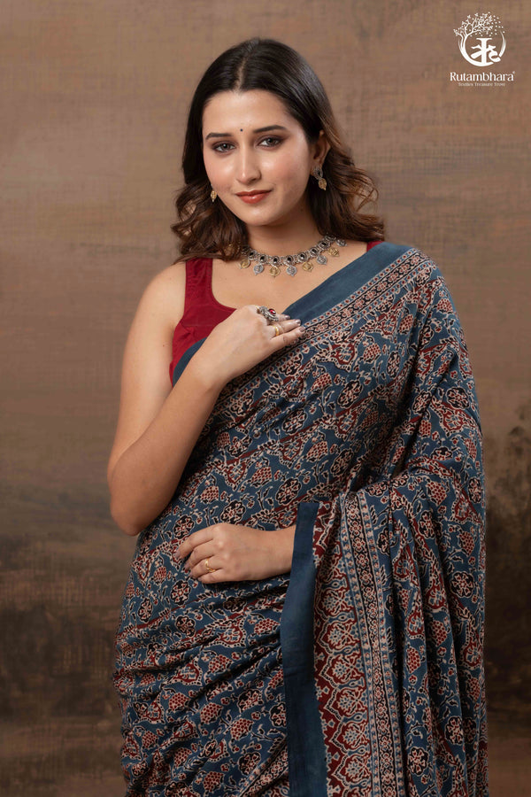 Ushraa - Ajrakh in Indigo Hues on a handwoven Kutchhi weave Kala Cotton Saree-RUTAMBHARA-RUTAMBHARA