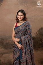 Ushraa - Ajrakh in Indigo Hues on a handwoven Kutchhi weave Kala Cotton Saree-RUTAMBHARA-RUTAMBHARA