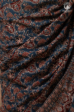 Ushraa - Ajrakh in Indigo Hues on a handwoven Kutchhi weave Kala Cotton Saree-RUTAMBHARA-RUTAMBHARA