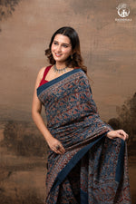 Ushraa - Ajrakh in Indigo Hues on a handwoven Kutchhi weave Kala Cotton Saree-RUTAMBHARA-RUTAMBHARA