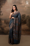 Ushraa - Indigo Ajrakh Hand Block Printed Saree With Muted Zari Border