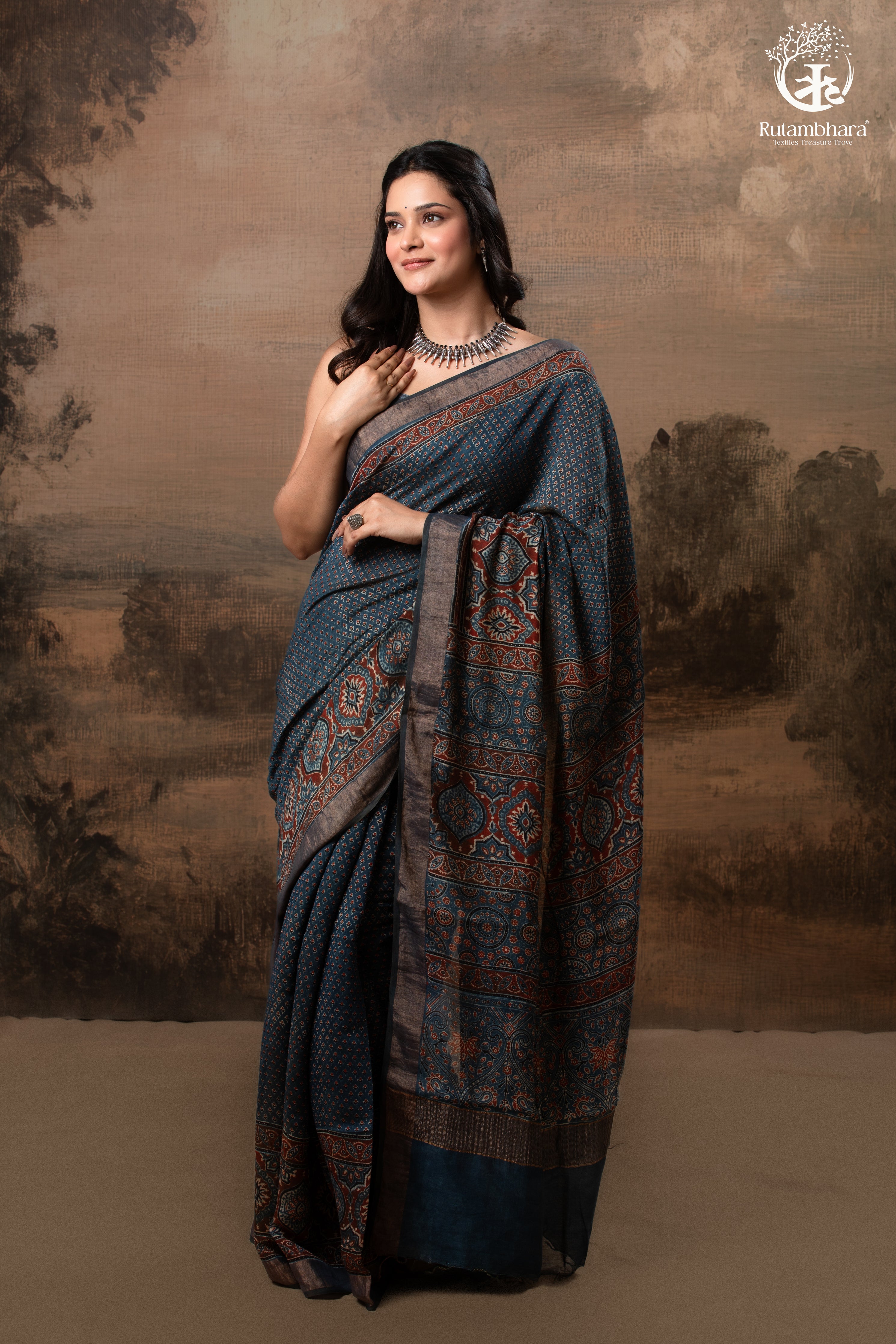 Ushraa - Indigo Ajrakh Hand Block Printed Saree With Muted Zari Border