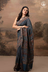 Ushraa - Indigo Ajrakh Hand Block Printed Saree With Muted Zari Border