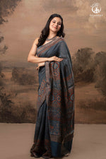 Ushraa - Indigo Ajrakh Hand Block Printed Saree With Muted Zari Border-RUTAMBHARA-RUTAMBHARA