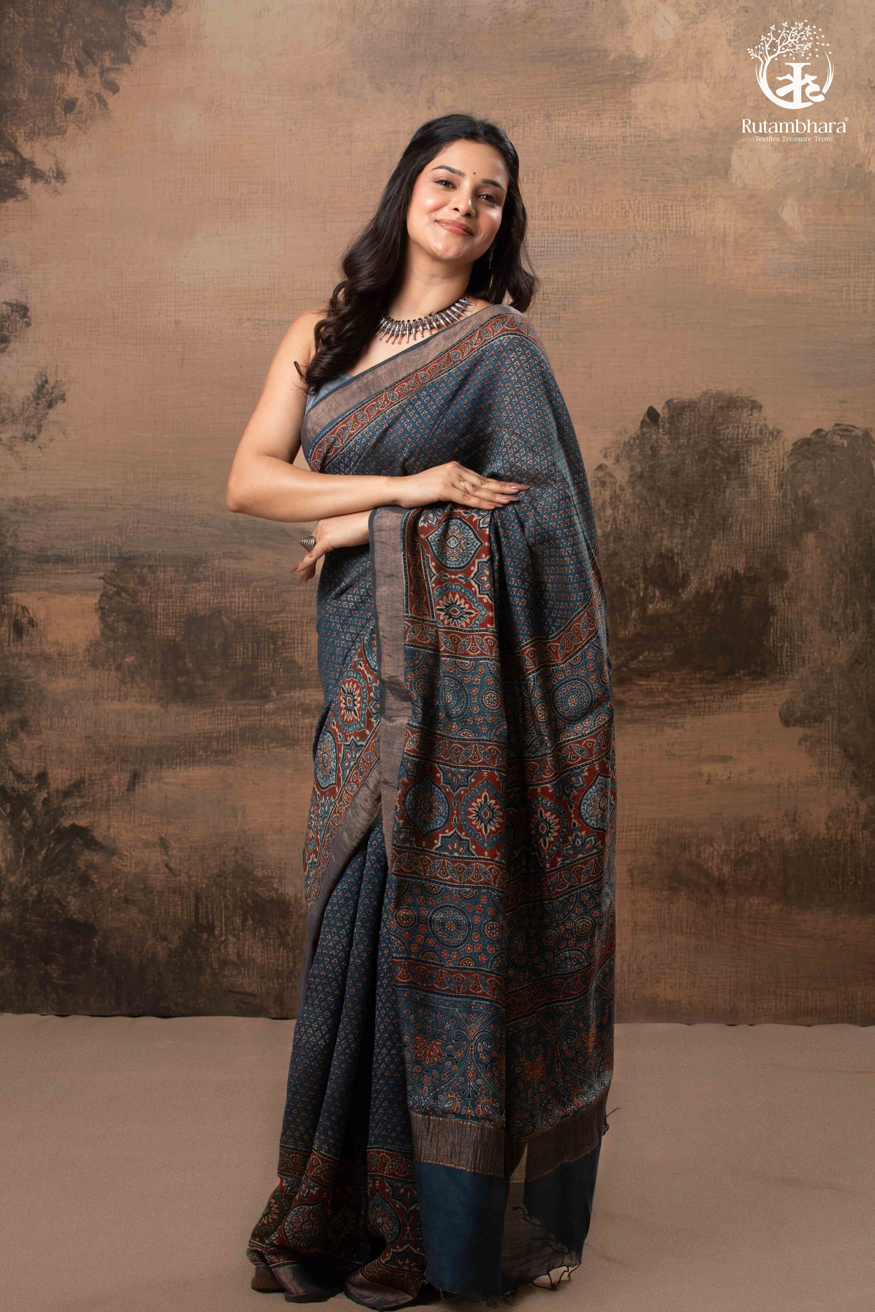 Ushraa - Indigo Ajrakh Hand Block Printed Saree With Muted Zari Border