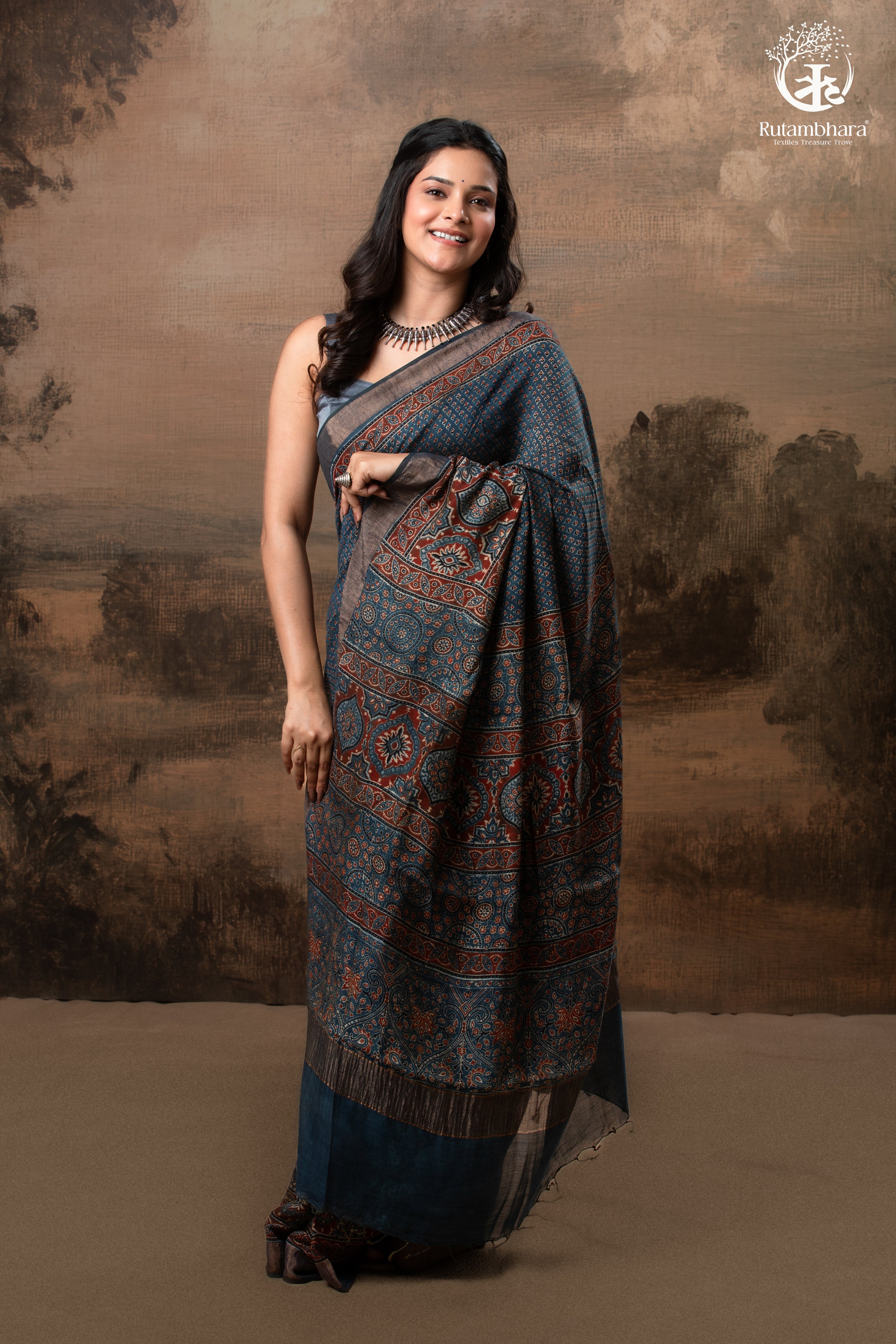Ushraa - Indigo Ajrakh Hand Block Printed Saree With Muted Zari Border